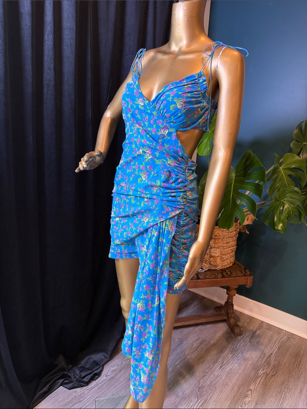 For Love And Lemons Blue Floral Side-Drape Cutout Mini Dress